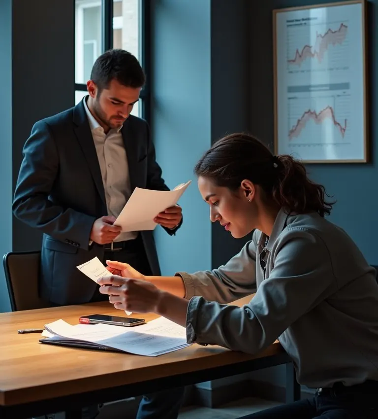 Two colleagues reviewing project documents at a desk