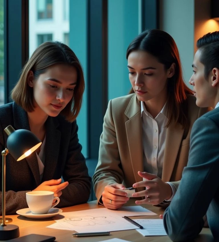 A small team discussing a project plan over coffee