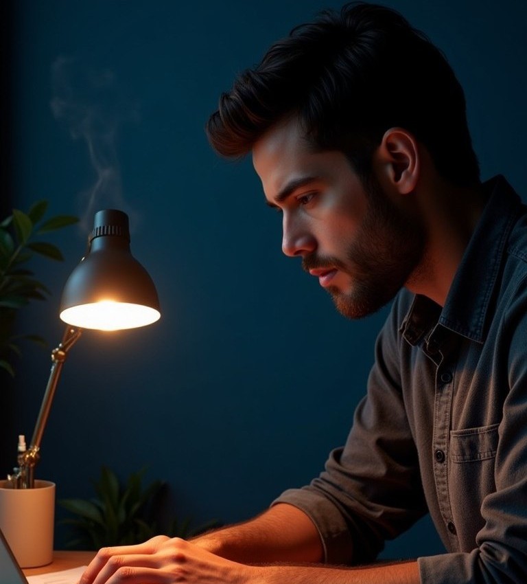 A developer working at his desk in the evening