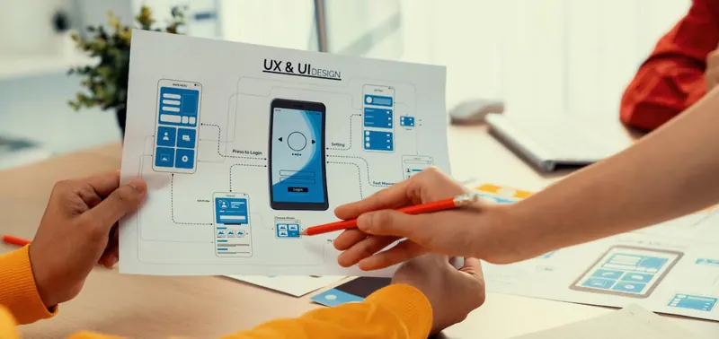 UI/UX wireframes sketched on paper