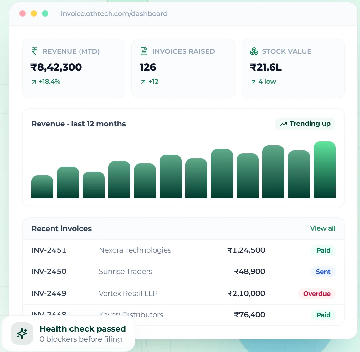 OthTech Invoice dashboard with revenue, stock value and recent invoices