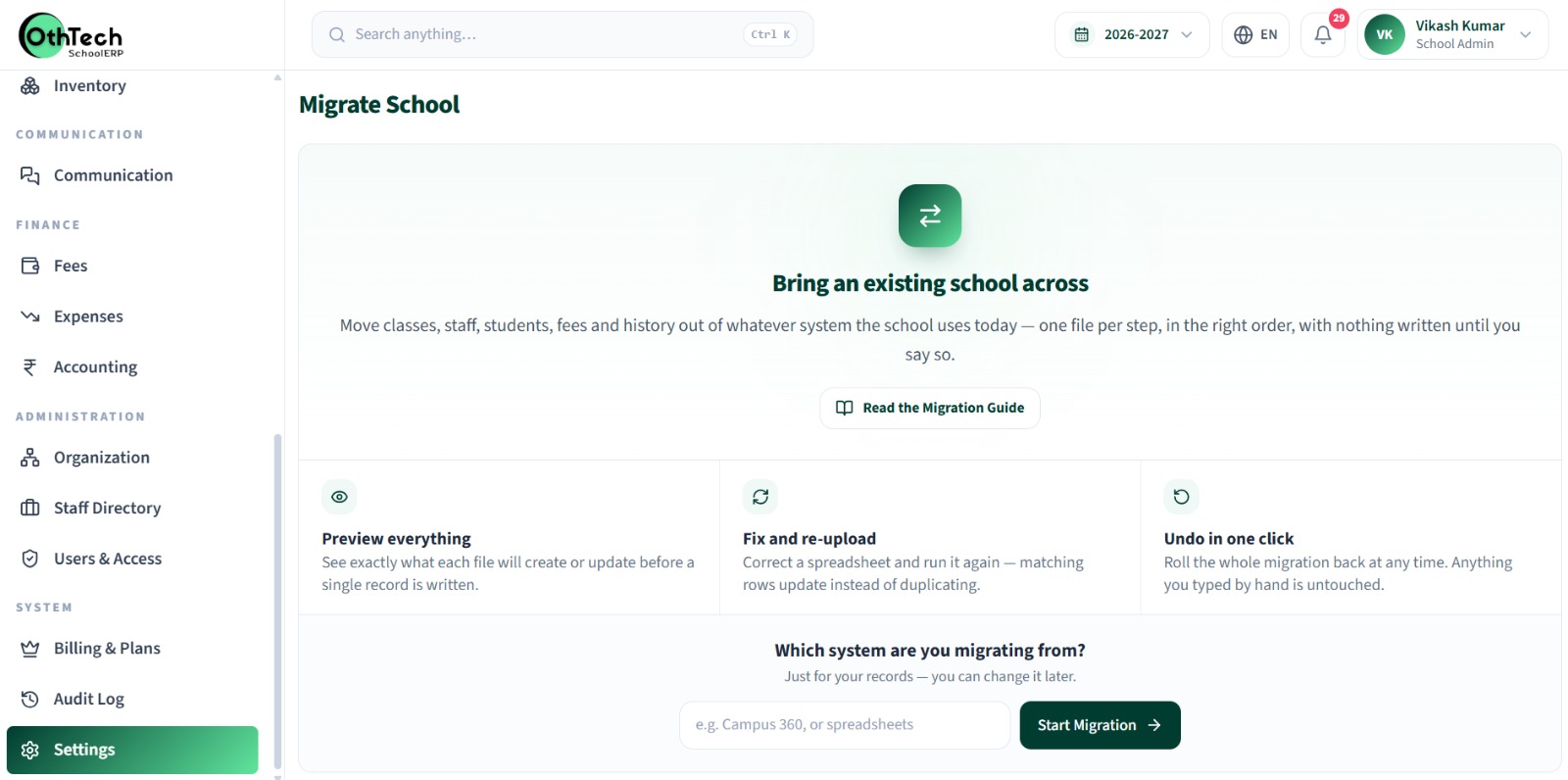 Migrate School screen with column mapping and dry-run options