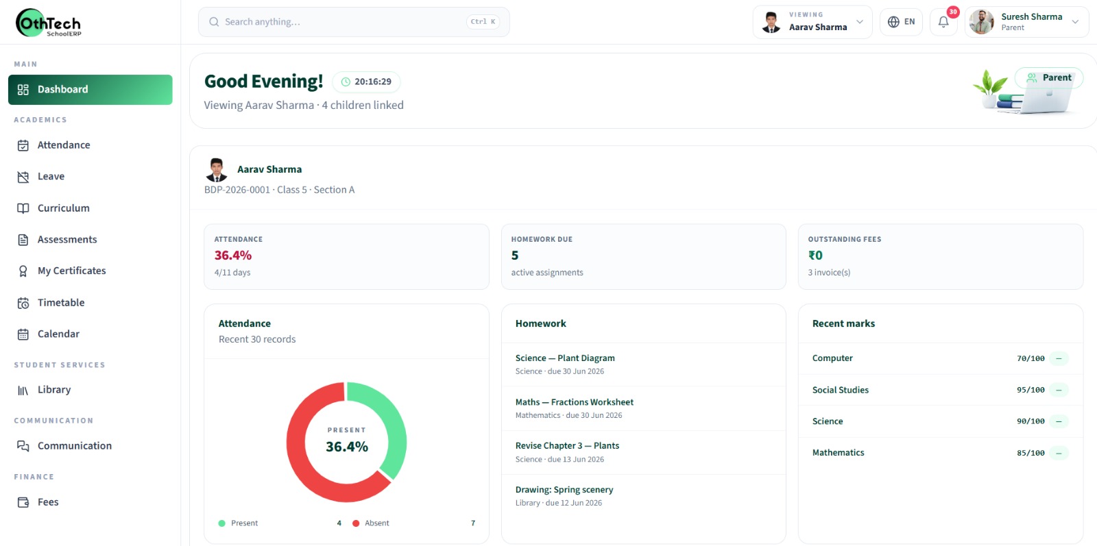 Parent dashboard with attendance, homework and fees