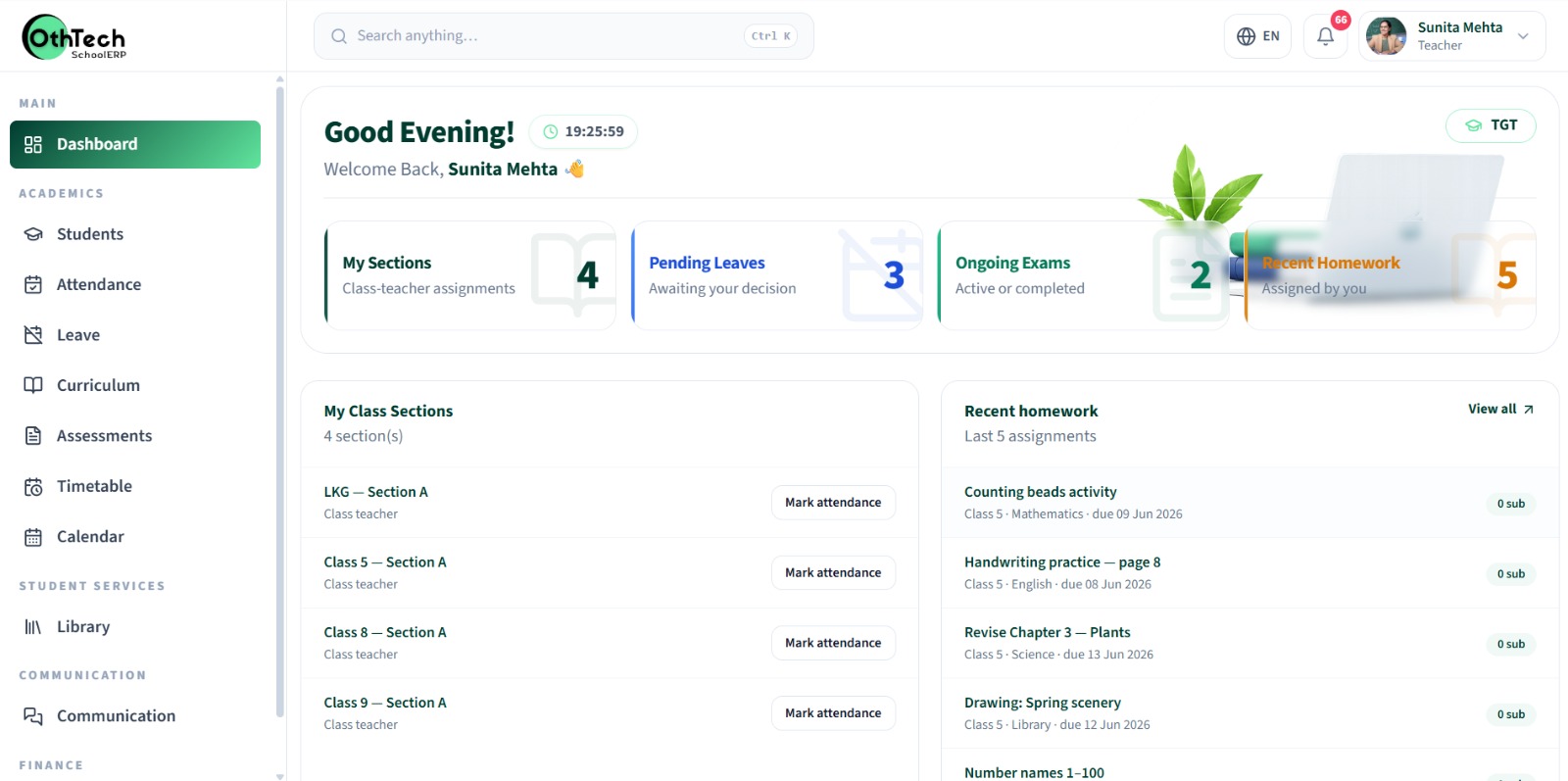 Teacher dashboard showing sections, homework and pending work