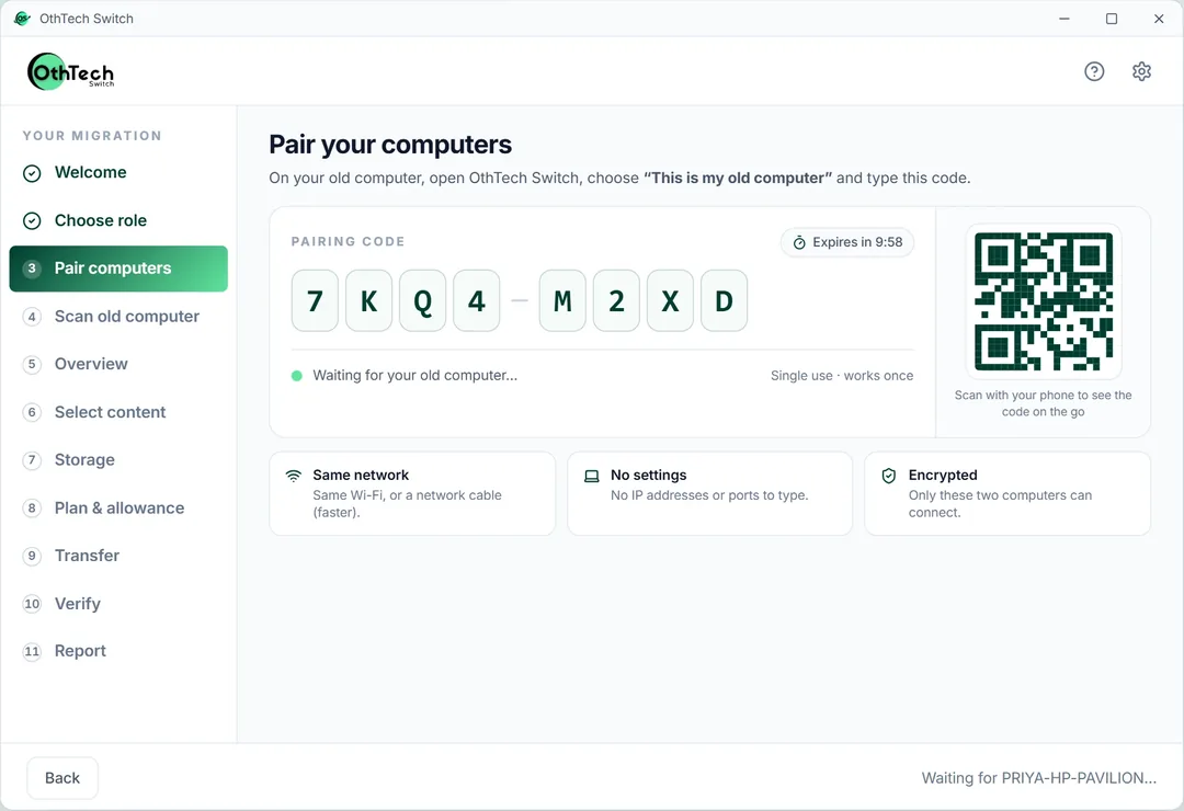 Pairing screen with a single-use code on the new computer