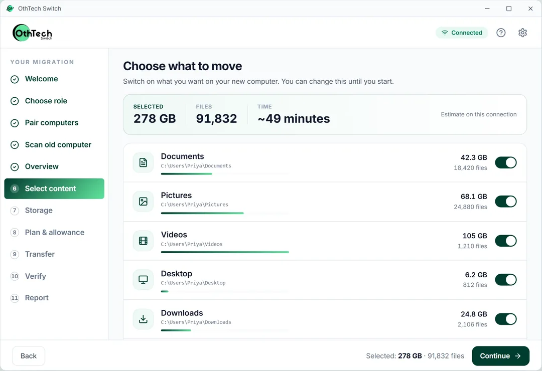 Choosing which folders to move, with sizes and a time estimate