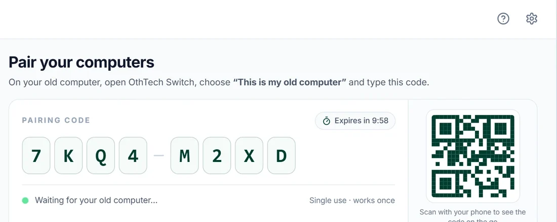 Single-use pairing code shown on the new computer