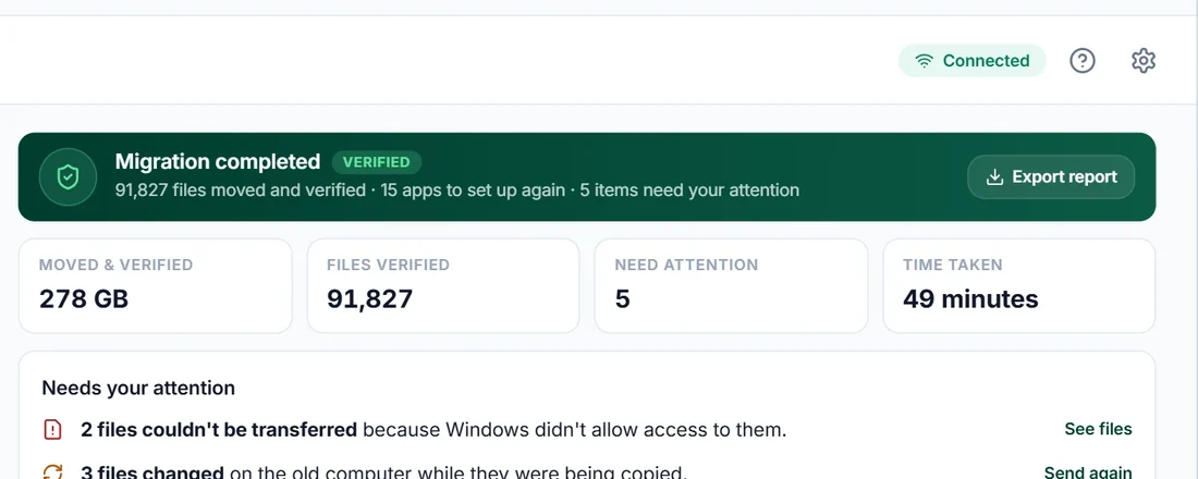 Migration report showing every file moved and verified