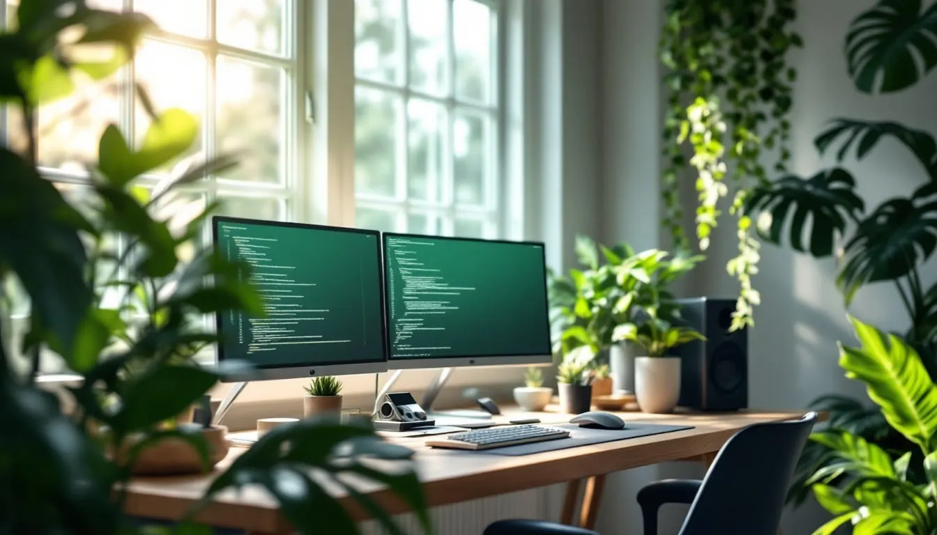 Developer workstation with code on multiple monitors